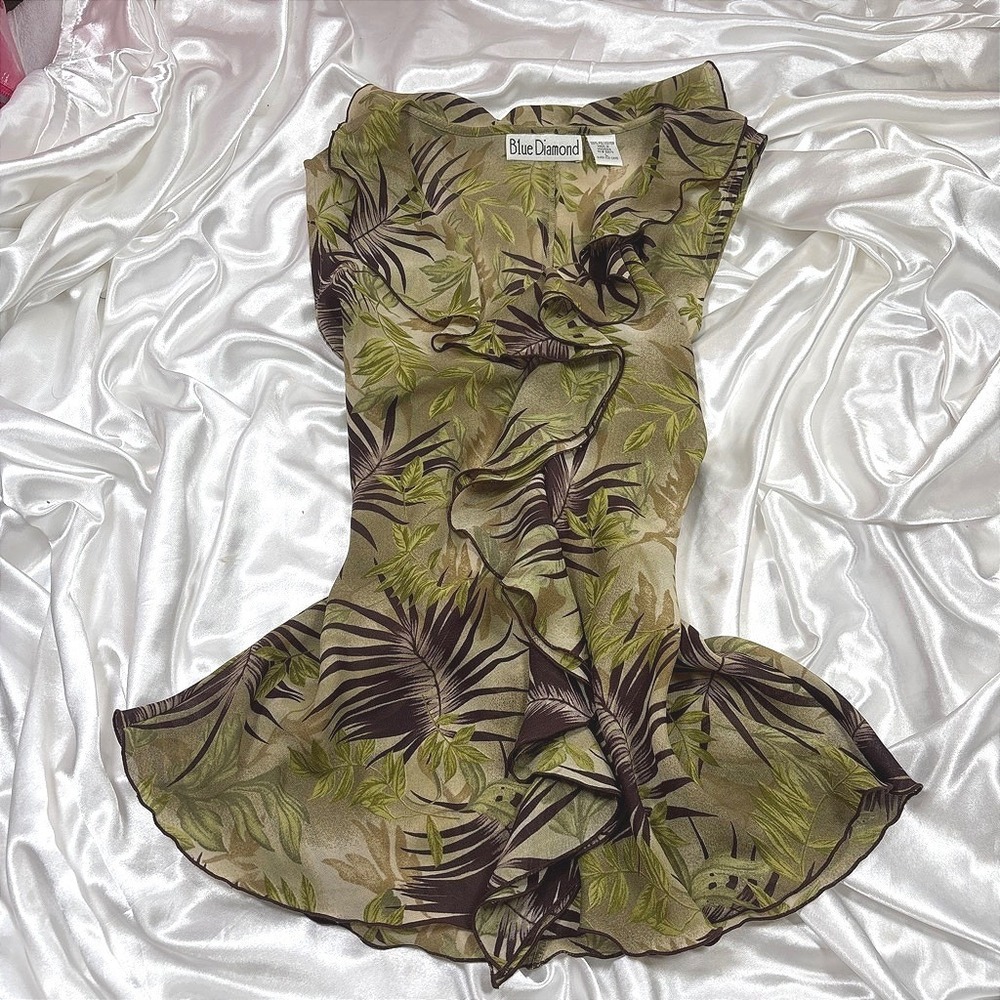 y2k Sleeveless Blouse Green Excellent Tropical Palm Leaf Ruffle V-Neck Top